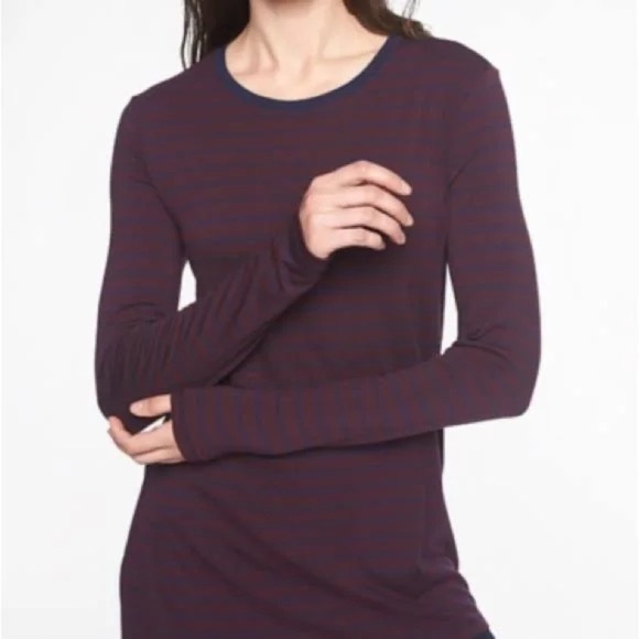 Athleta Burgundy Navy Blue Long Sleeve Threadlight Layering Tee, XS, Striped - Picture 1 of 11